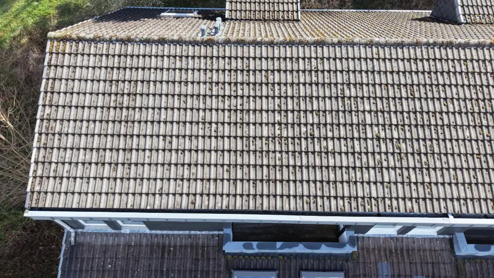 Drohnen-Detailaufnahme einer Dachfläche aus Tonziegeln mit deutlichem Moos- und Flechtenbewuchs. Im oberen Bildbereich erkennbar ein Schornstein, im unteren Bereich Gauben mit Verblechung.