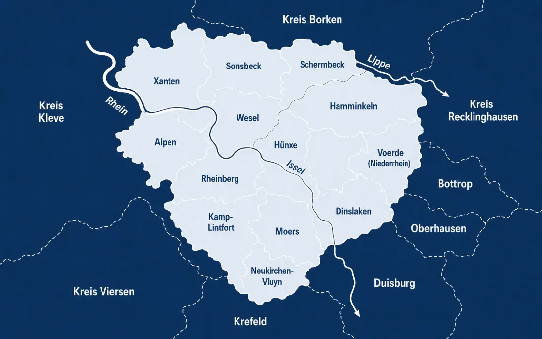 Karte des Kreises Wesel mit den Städten und Gemeinden Xanten, Sonsbeck, Schermbeck, Hamminkeln, Wesel, Alpen, Hünxe, Voerde, Rheinberg, Kamp-Lintfort, Moers, Neukirchen-Vluyn und Dinslaken sowie den Flüssen Rhein, Lippe und Issel.